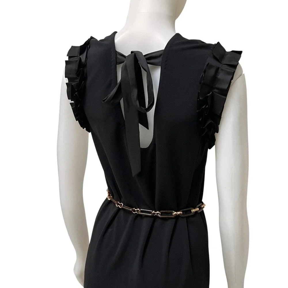 Tory Burch Black Ruffle Shoulder Bow Back Shift Dress Old Money Chic LBD‎ Sz S/P